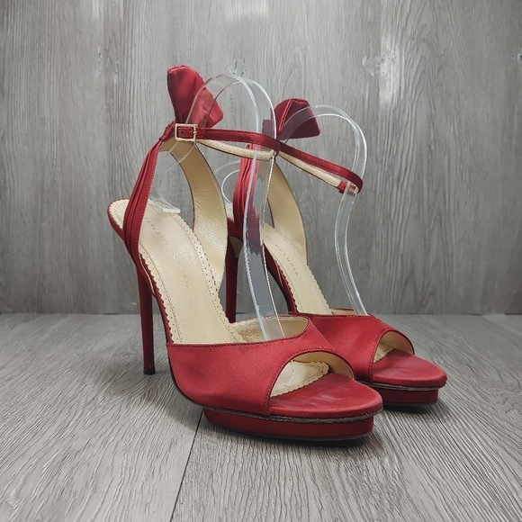 Charlotte Olympia Wallace Bow Back Satin Evening Sandal Heel Ankle Red EU 41 - Picture 1 of 9